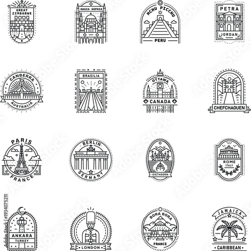 Handy Pack of Destinations Stamps In Linear Style