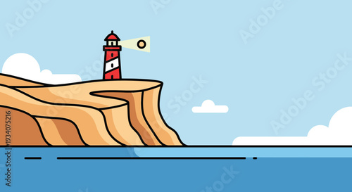 Cartoon lighthouse on cliffside guiding the way under a blue sky