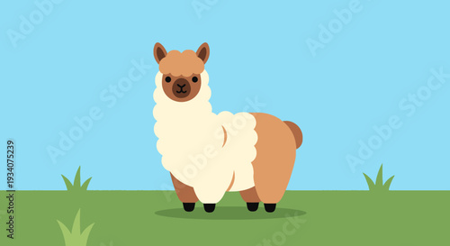 Cartoon llama in green pasture with hills under blue sky and sun