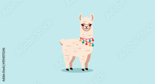 Cartoon llama illustration with colorful details on light blue background