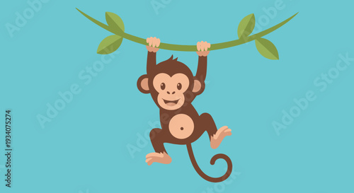 Cartoon monkey hanging from vine against a solid blue background