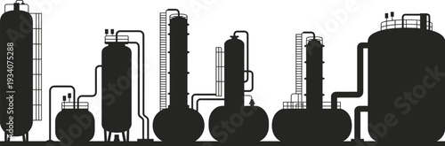 Oil refinery plant silhouettes set, industrial factory tanks and chemical processing towers vector illustration collection