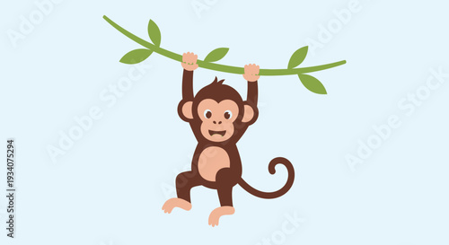 Cartoon monkey swinging on a vine against a light blue background