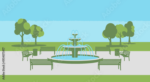 Cartoon park scene with fountain benches and trees under blue sky