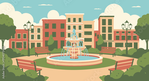 Cartoon park scene with fountain benches trees and buildings under blue sky