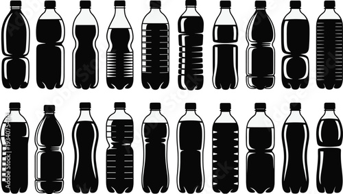 Plastic bottle silhouettes set, water and soda drink container vector illustration collection for packaging design
