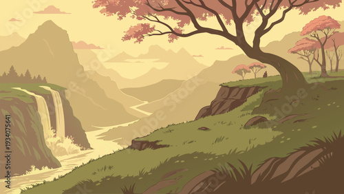 Serene Mountain Valley Landscape with Winding River Waterfall and Spring Blossom Trees
