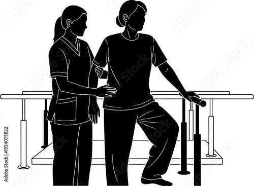 Nurse Assisting Patient in Physical Therapy Gait Training with Parallel Bars | Stroke Rehabilitation and Elder Care Illustration