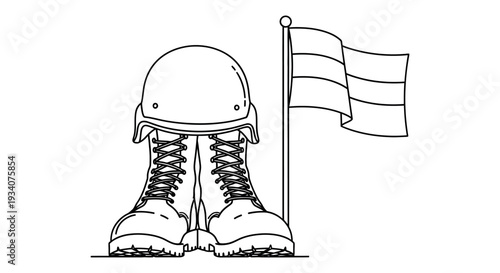 Military helmet and boots with waving flag symbolizing patriotism and bravery