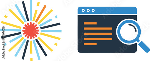Breaking News Alert and Online Search Concept with Explosion Burst Graphic and Website Magnifying Glass Icon for Digital Media Monitoring