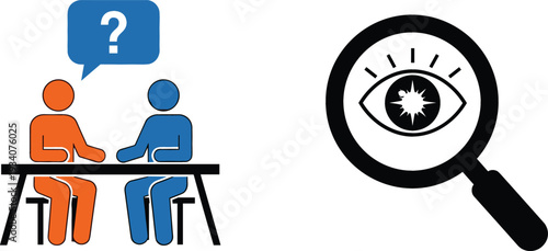 Business Consultation Meeting Icon with Question Mark Dialogue and Magnifying Glass Eye Symbol Representing Investigation, Interview, and Analysis Concepts