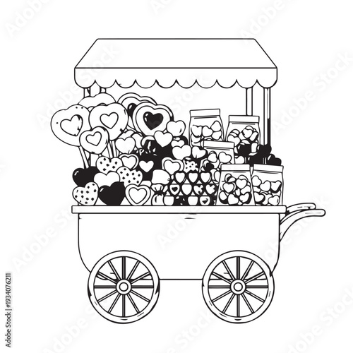 Whimsical fruit cart bursting with colorful produce and heart shapes.