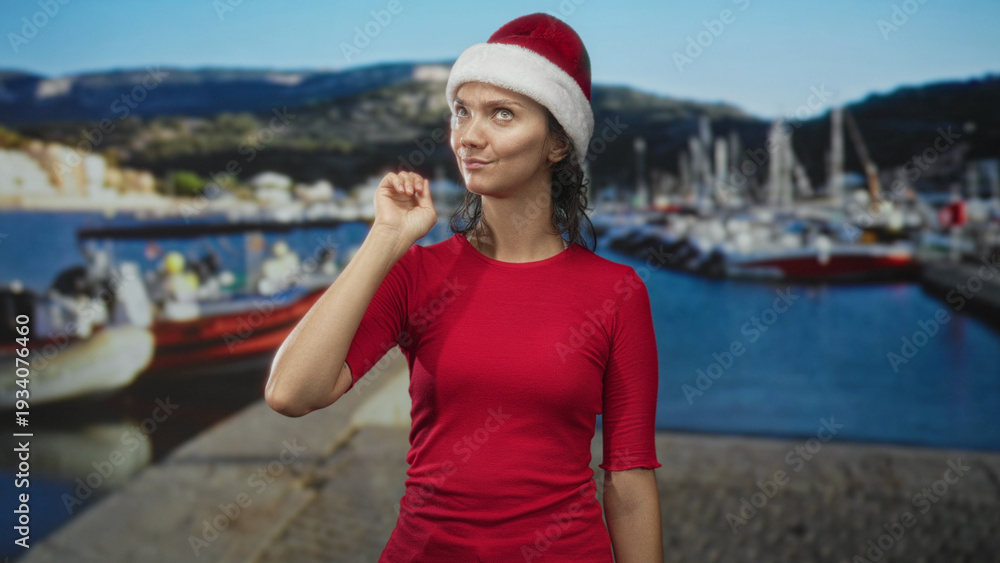 Fototapeta premium Woman wearing santa hat pinches fingers near face on a street by a marina pier with boats; playful holiday cheer.