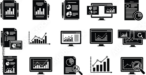 Business data analysis and finance icons for reports and presentations