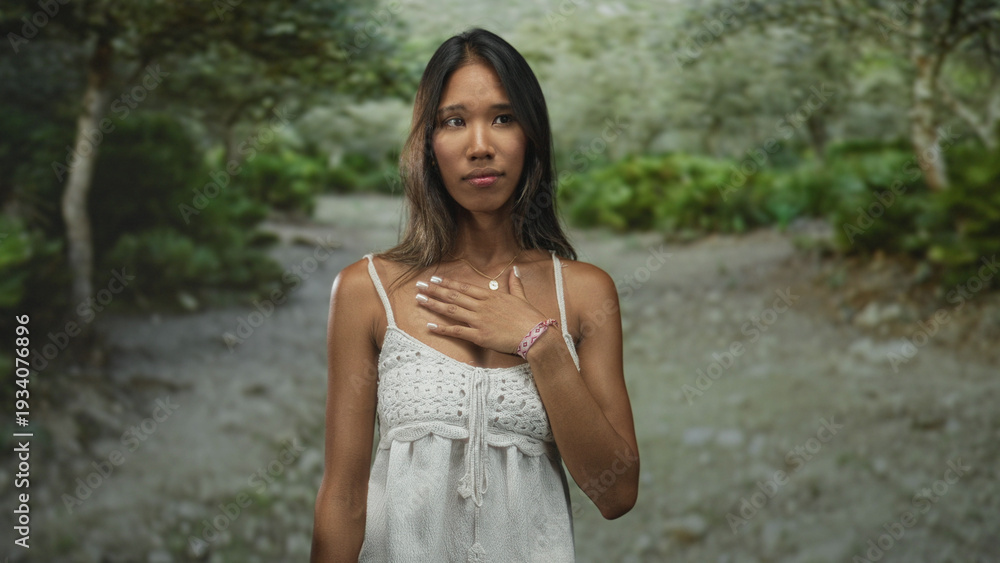 Naklejka premium Thai woman with hand on chest and closed eyes wearing white summer dress in a forest; serenity gratitude reflection.