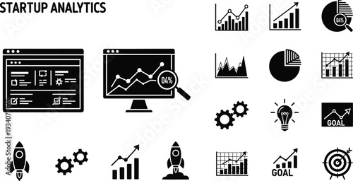 Startup analytics icons for business growth and strategy