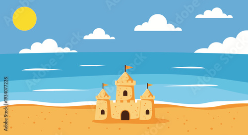 Cartoon sandcastle on beach with ocean and blue sky sunny day