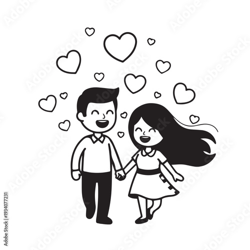 Cute cartoon couple holding hands with hearts above them in love.