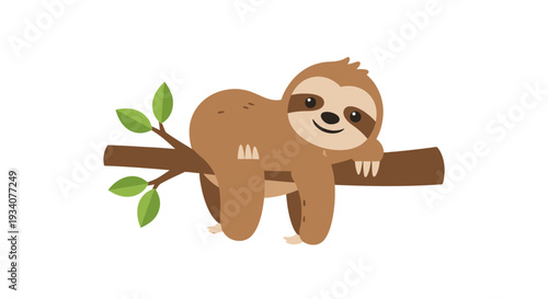 Cartoon sloth resting on branch illustration for design and educational uses