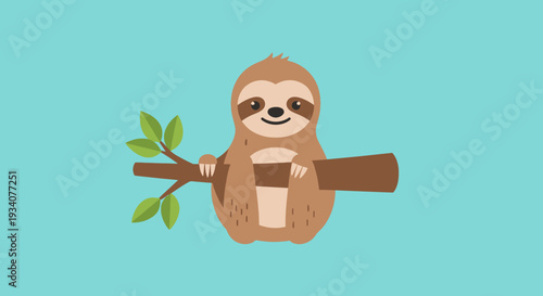 Cartoon sloth perched on a branch against turquoise background