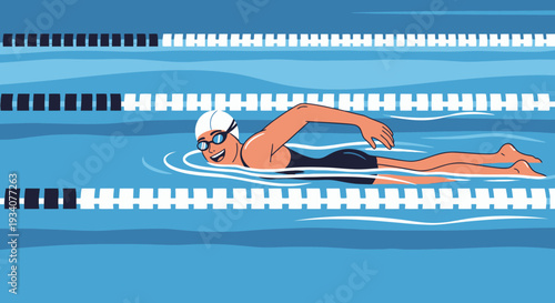 Cartoon swimmer in action swimming freestyle in blue water lane
