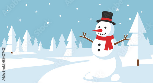 Cheerful snowman in a winter landscape with falling snow and fir trees