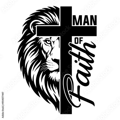 Man Of Faith Silhouette With Lion Face And Christian Cross, Religious Spiritual Design For Believers, Gospel Strength Vector Illustration