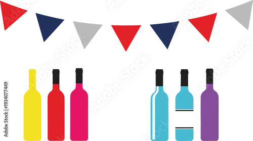 Colorful Wine Bottles and Party Bunting Flags Decoration Set Representing Celebration, Festival Events, Bar Menu Design, and Beverage Branding Concepts