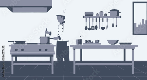 Chef in kitchen preparing food illustration with cooking tools and tables