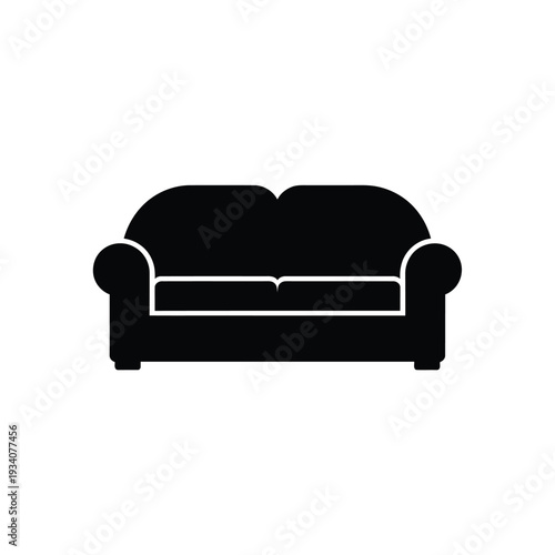 Simple black silhouette of a classic cushioned sofa on a white background