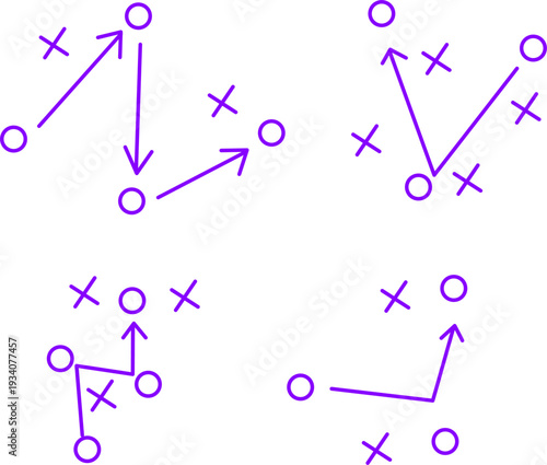 Purple hand-drawn strategy diagram with X and O symbols and arrows, illustrating teamwork, planning, and game tactics on a white background.