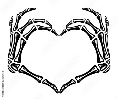 Skeleton Hands Forming A Heart Shape Silhouette, Romantic Gothic Skull Hand Sign For Valentines Day, Spooky Love Anatomy Vector Art