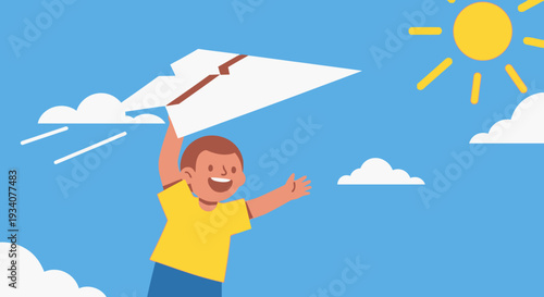 Child launching paper airplane under sunny sky illustration