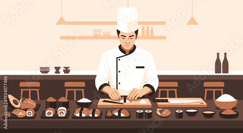 Chef preparing sushi in a restaurant with various ingredients and tools