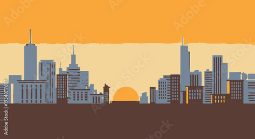 Cityscape silhouette at sunset with buildings and orange sky design