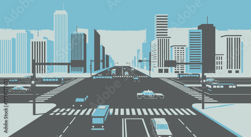 City street scene illustration with crosswalk vehicles and buildings