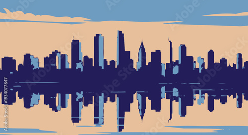 Cityscape silhouette reflected in water against beige sky