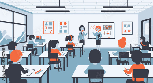 Classroom scene featuring teacher and students engaged in learning activities