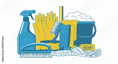 Cleaning supplies arrangement illustration for household maintenance concept