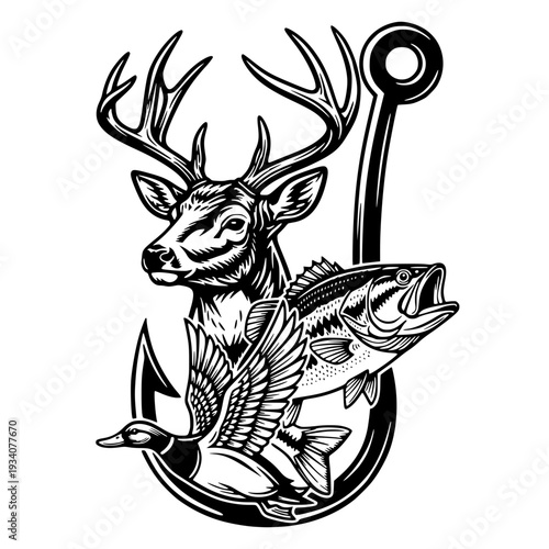 Outdoor Hunting And Fishing Composite With Deer Duck And Bass Fish On A Hook, Wildlife Nature Enthusiast Wilderness Adventure Design