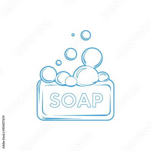 A simple line drawing depicts a bar of soap with surrounding bubbles