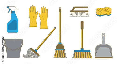 Cleaning supplies assortment in flat design for home and commercial use