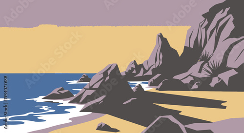 Coastal landscape illustration with rocks sea and sky in vector style