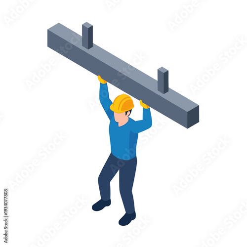 Construction Worker Holding Large Metal Beam.