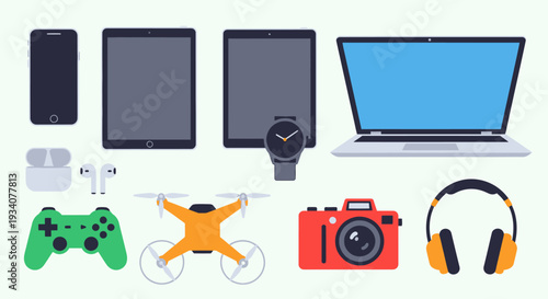 Collection of modern digital devices and gadgets on a light background