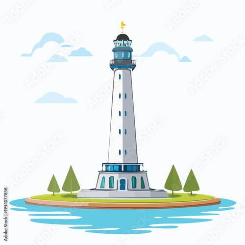 Illustrated lighthouse on an island in the sea