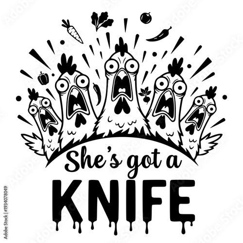Funny Screaming Chickens Group Design With Kitchen Vegetables and Text She Is Got A Knife, Quirky Farm Animals Illustration For Cutting Board