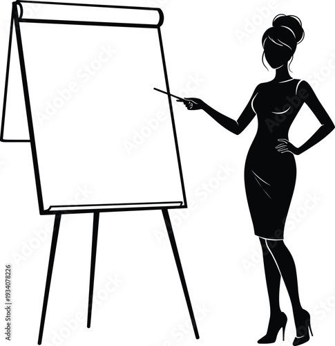 Black and white silhouette illustration, woman presenting flip chart, business teaching, education concept, professional scene, corporate training, visual communication, workplace learning, flavector
