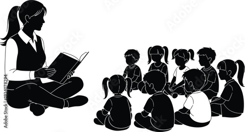 Black and white silhouette illustration, woman reading book, children listening, storytime scene, education concept, classroom activity, early learning, teaching moment, flavector