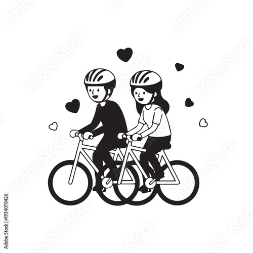 Couple riding a tandem bicycle together, sharing a romantic moment.